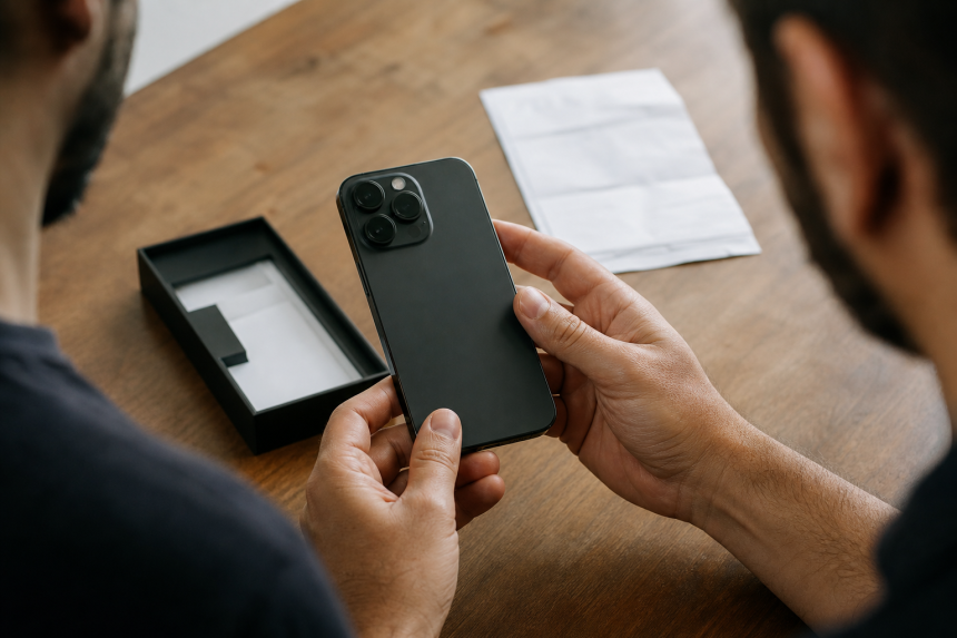 Pessoa conferindo o IMEI de um celular usado antes da compra, com aparelho e nota fiscal sobre uma mesa, sem textos legíveis.