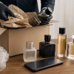 Frascos de perfume sem marcas visíveis ao lado de uma caixa de encomenda em ambiente de comércio eletrônico