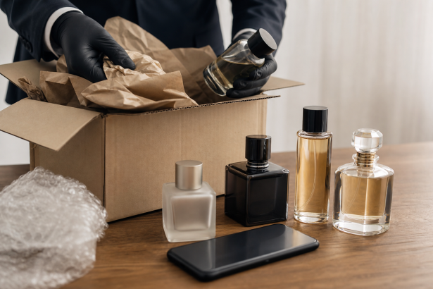 Frascos de perfume sem marcas visíveis ao lado de uma caixa de encomenda em ambiente de comércio eletrônico